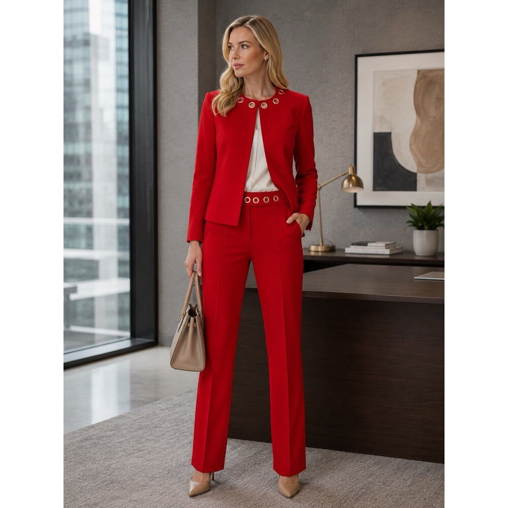 ANNE KLEIN Barbados Cherry Red Gold Ring Two Piece Business Career Suit Sz XS/2
